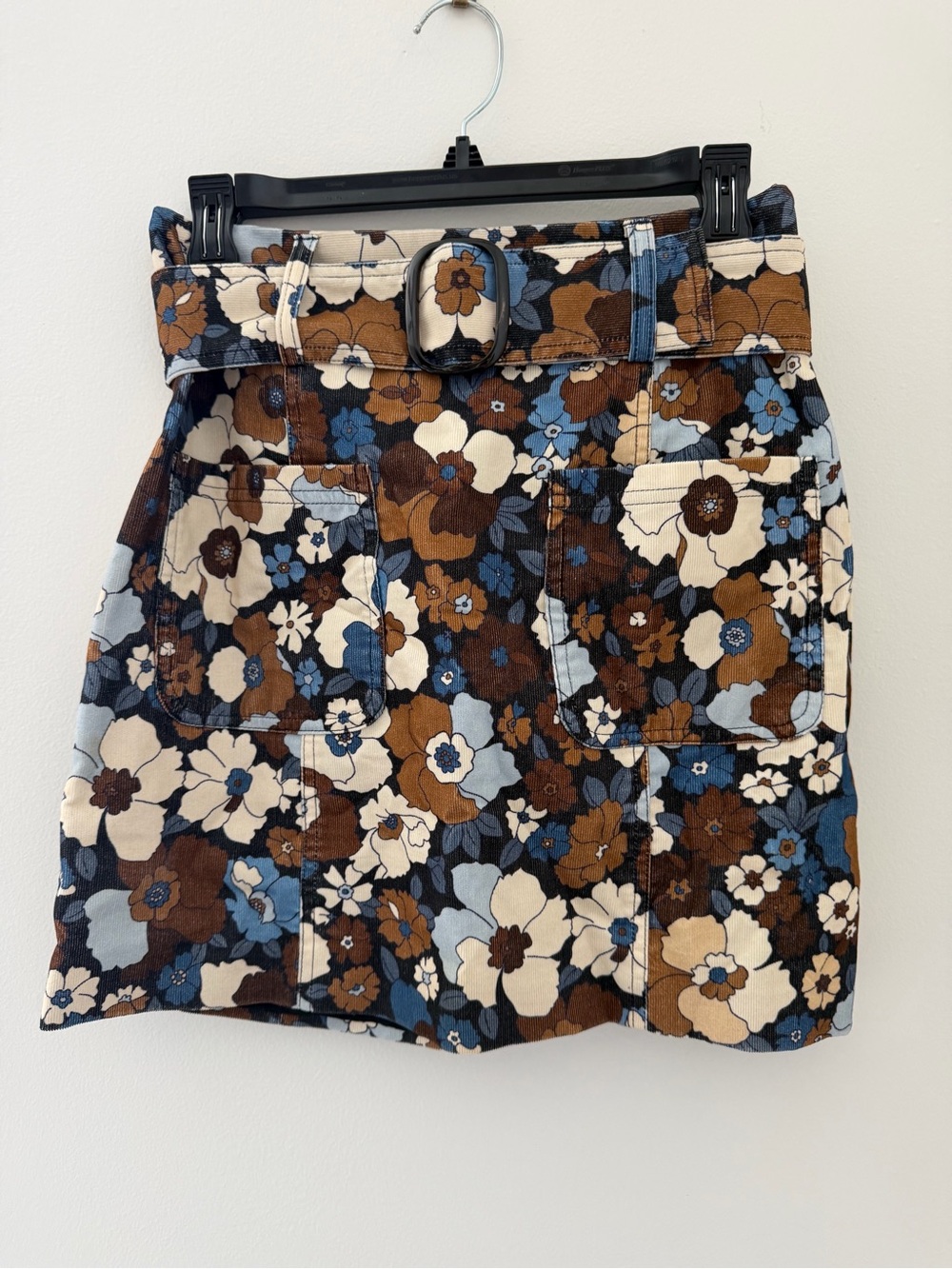 Sezane Floral Corduroy Skirt in Brown, Blue & White